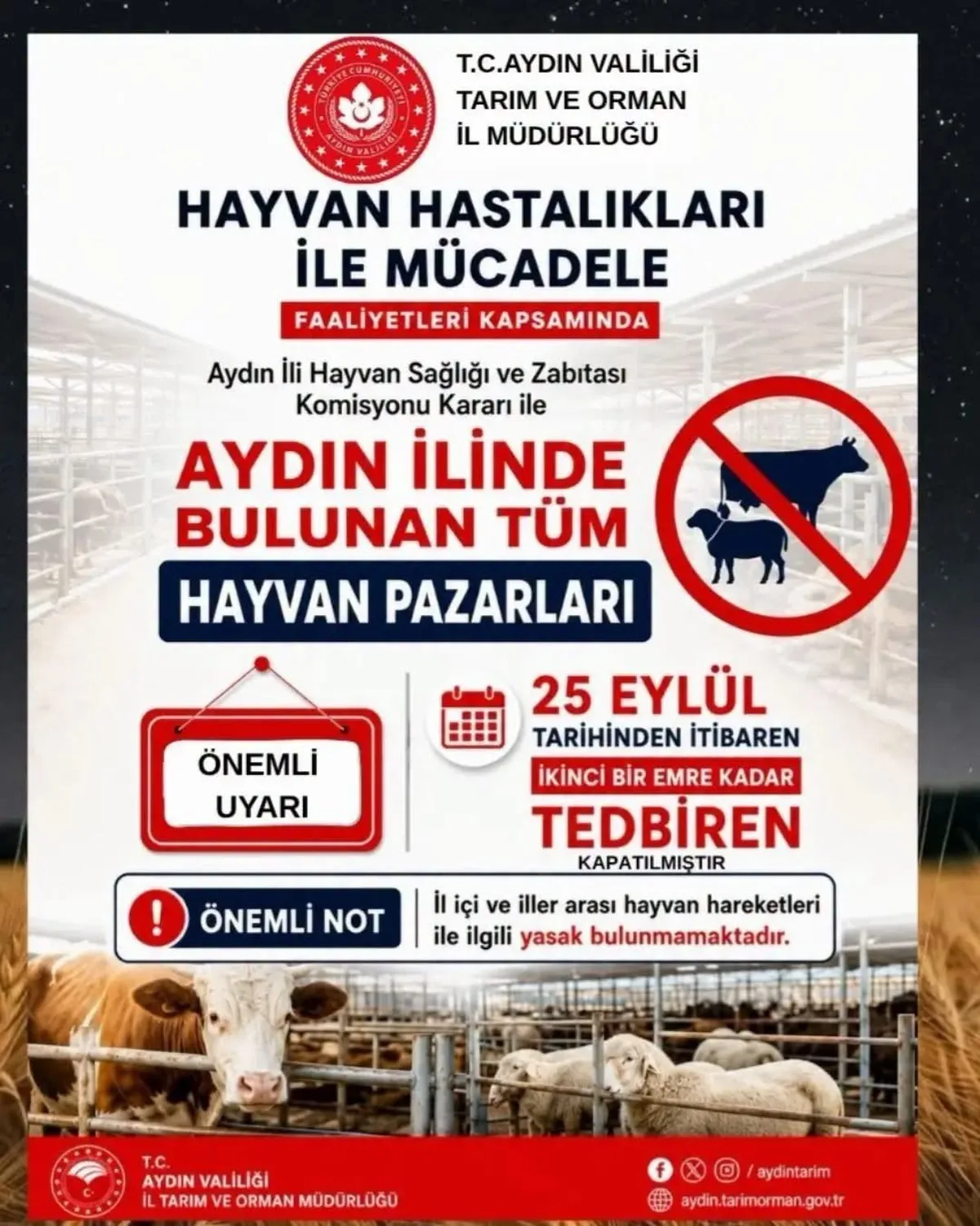 Aydın'da Hayvan Pazarları İkinci Bir Emre Kadar Tedbiren Kapatıldı