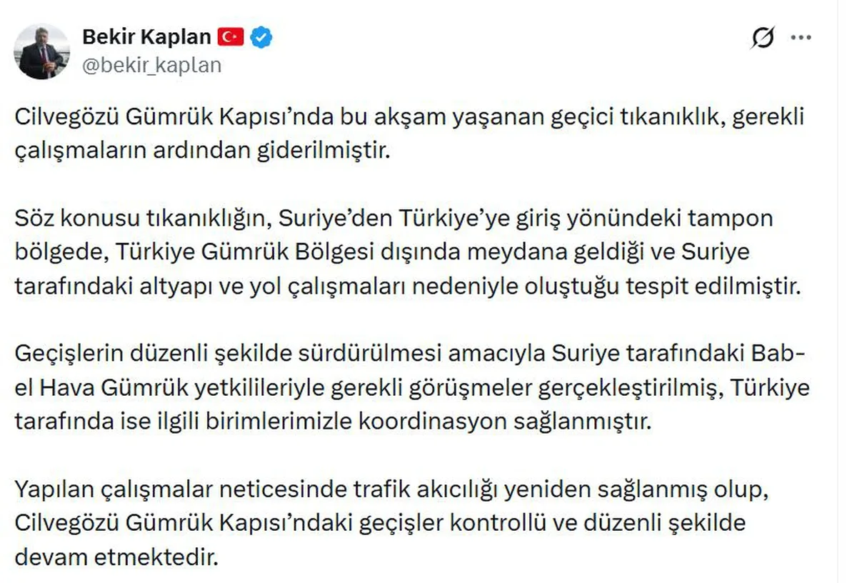 Ticaret Bakanlığı'ndan Açıklama: Cilvegözü Gümrük Kapısı'ndaki Geçici Tıkanıklık Giderildi